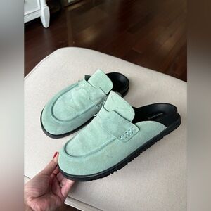 Hermes 2022 Go Mule Blue Suede Mules H Logo Unisex Chunky Slide Flat Shoes